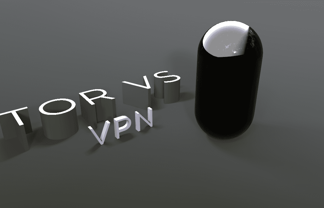 3D letters spelling TOR VS VPN scattered across a grey floor beside a tall glossy black capsule.