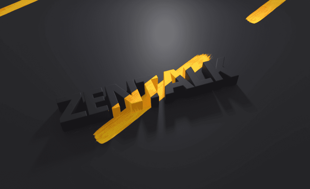 The word ZENTALK in dark 3D letters on a grey floor, struck through by a gold brushstroke.