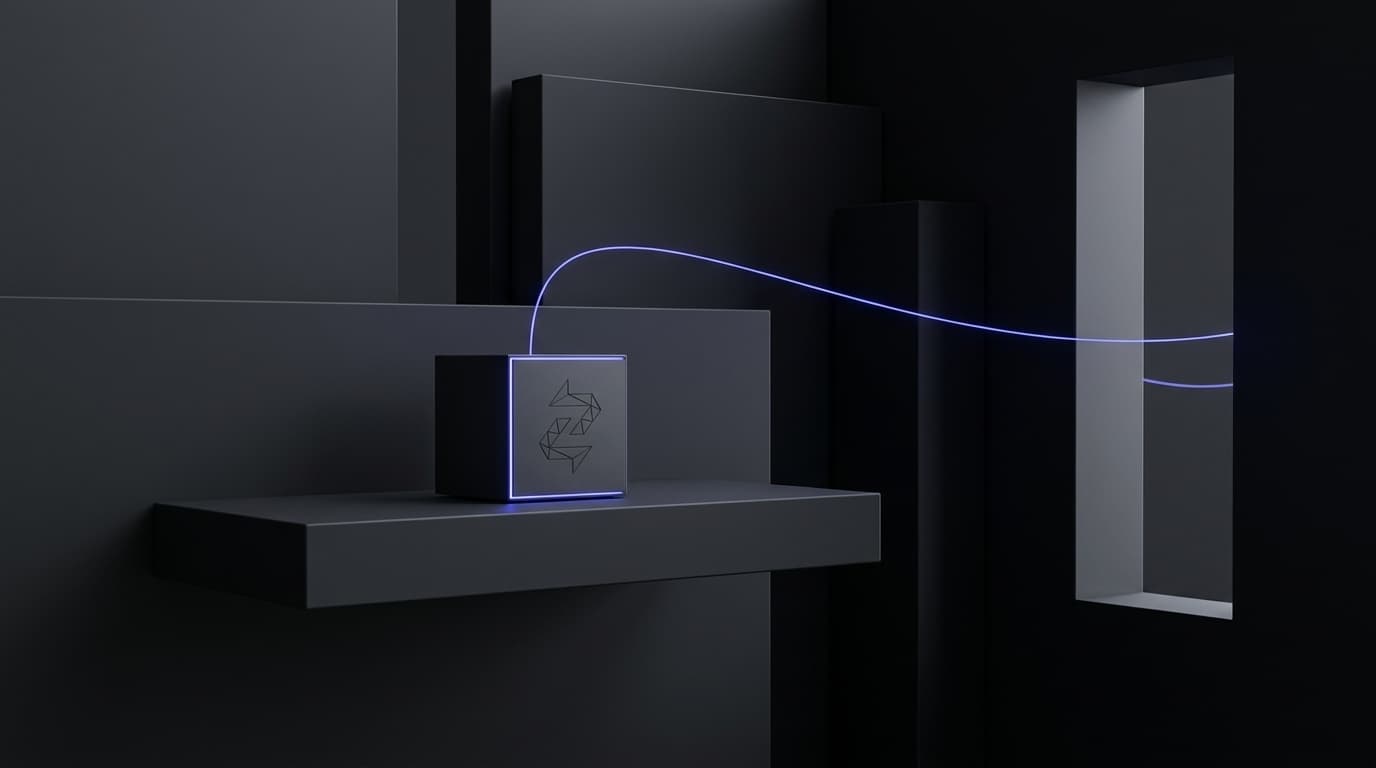 A Zentanode on a shelf, a violet seam glowing along its edge and a single thread curving away into the room.