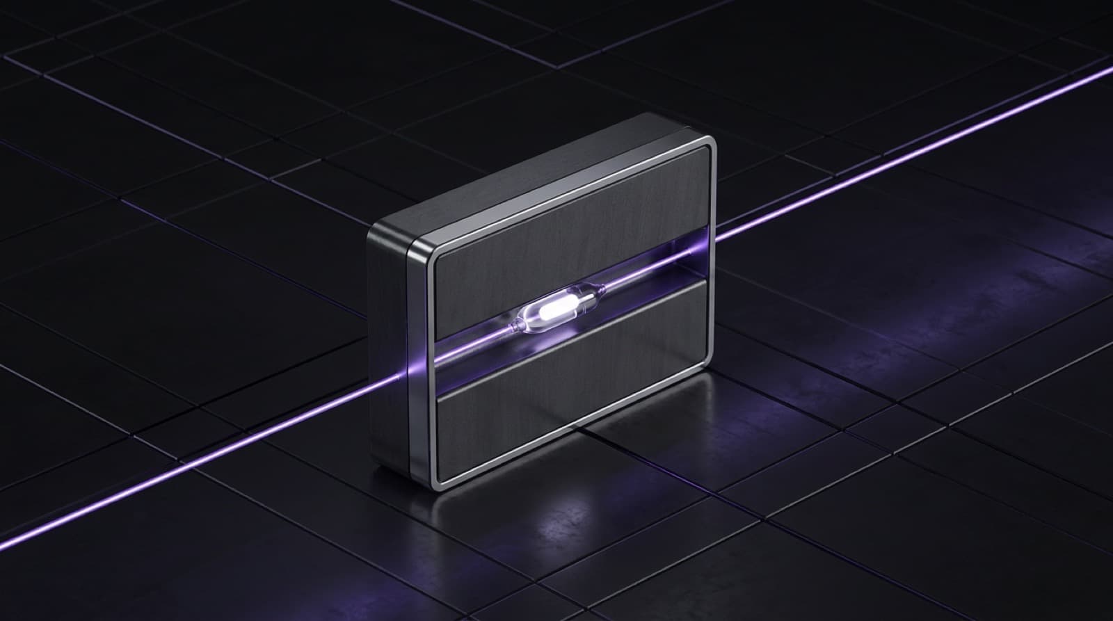 A violet thread passes straight through a graphite relay unit, carrying a sealed capsule of light that stays closed as it crosses.