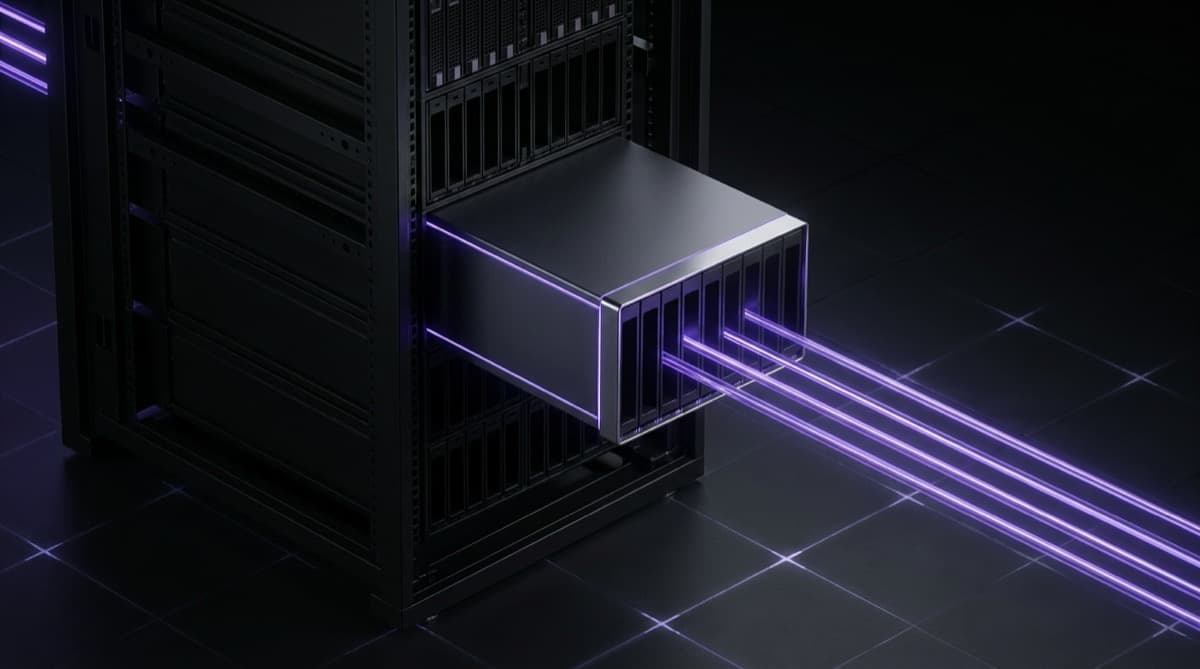 One lit module in an open server rack, with three violet threads running straight through it and out the other side.
