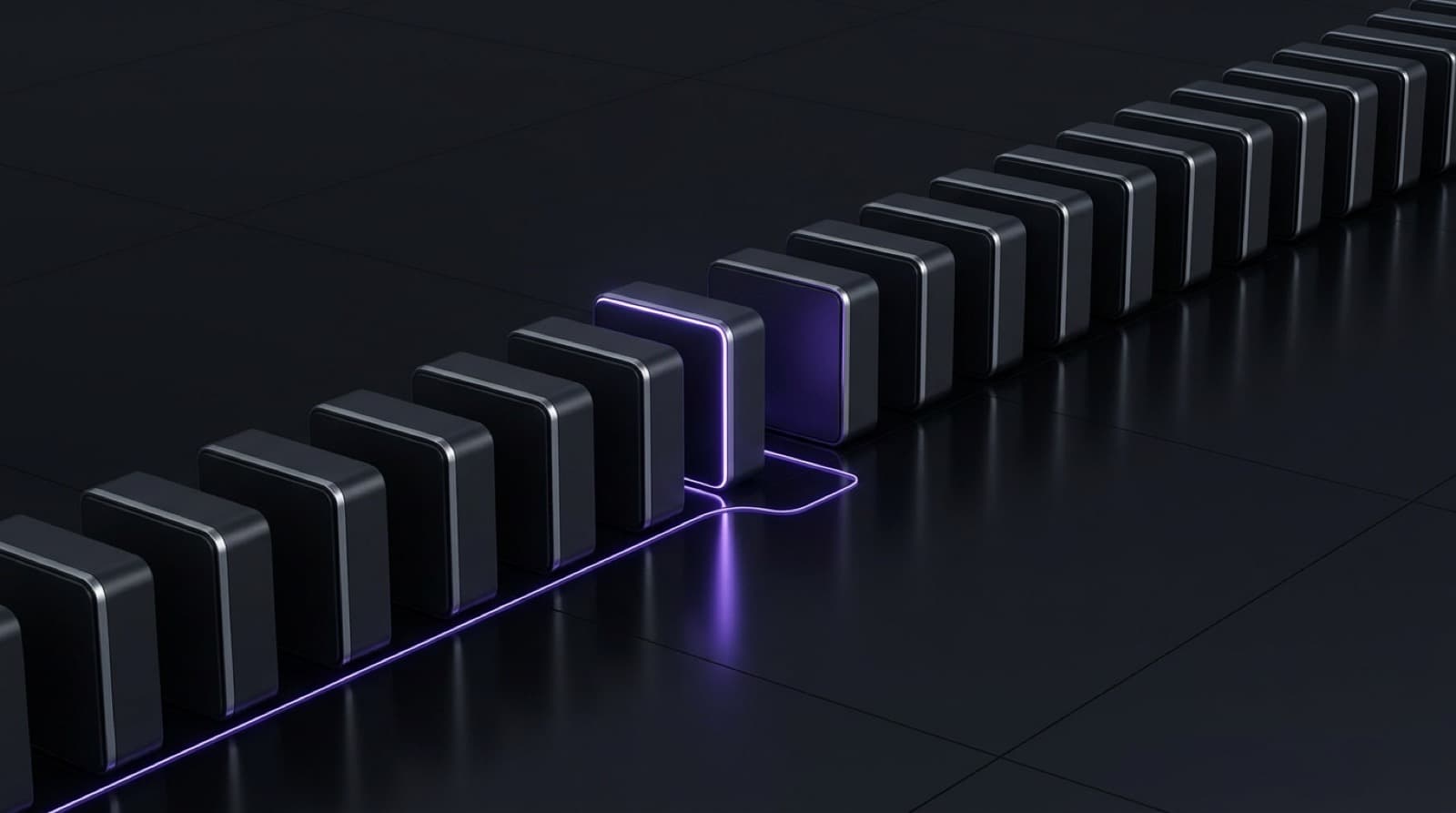 A long row of dark relay units with one glowing steadily; the violet thread bends around the dark ones to reach it.
