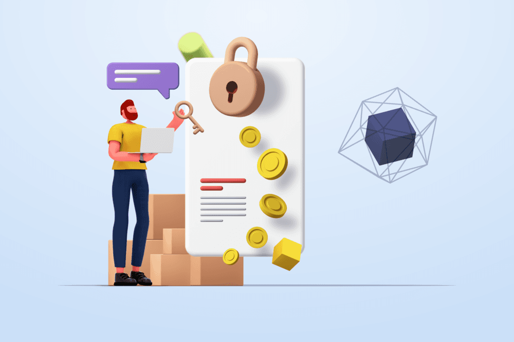 An illustrated man with a laptop holds a key up to a giant padlocked phone screen, coins spilling out.