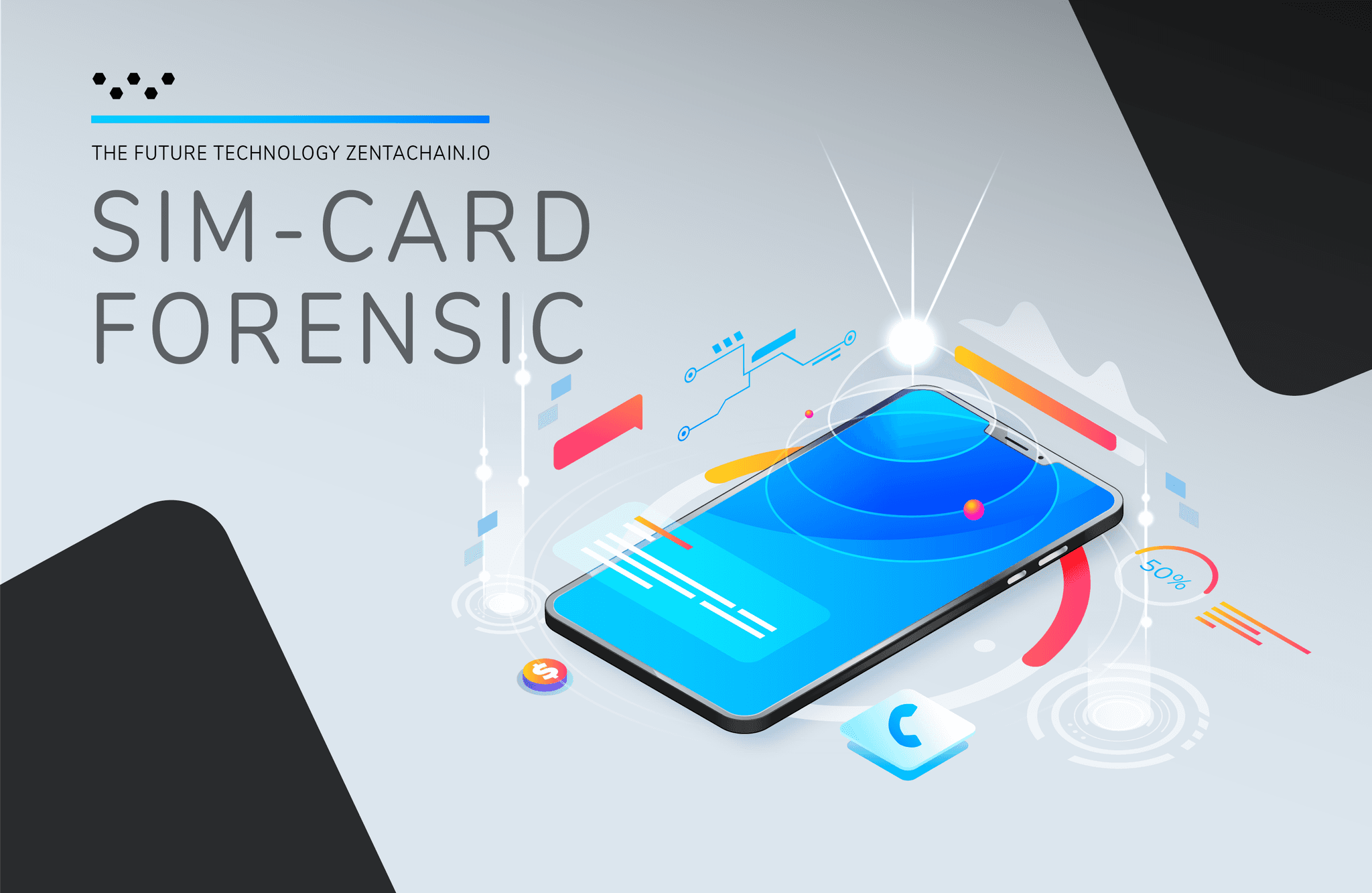Isometric smartphone glowing amid floating interface fragments, headed "SIM-Card Forensic, the future technology zentachain.io".