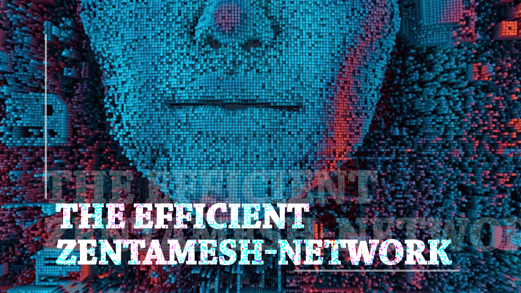 A human face assembled from thousands of cyan and red voxel blocks behind glitched white headline type.