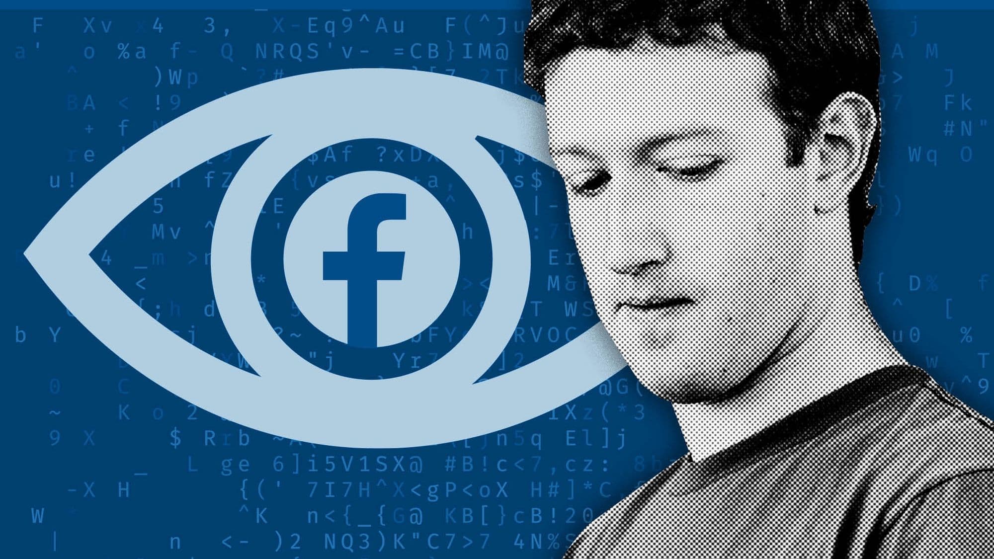 A large eye enclosing the Facebook "f" beside a halftone portrait of a young man, over scrambled code.