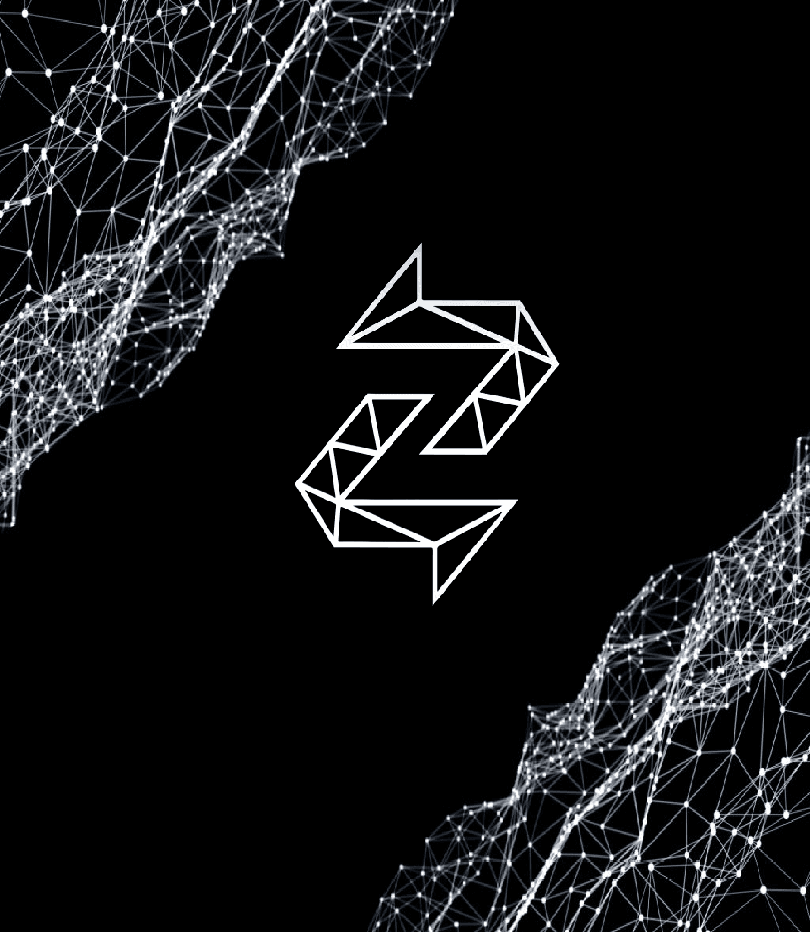 The angular white Zentachain Z mark centred on black between two drifting clouds of connected points.