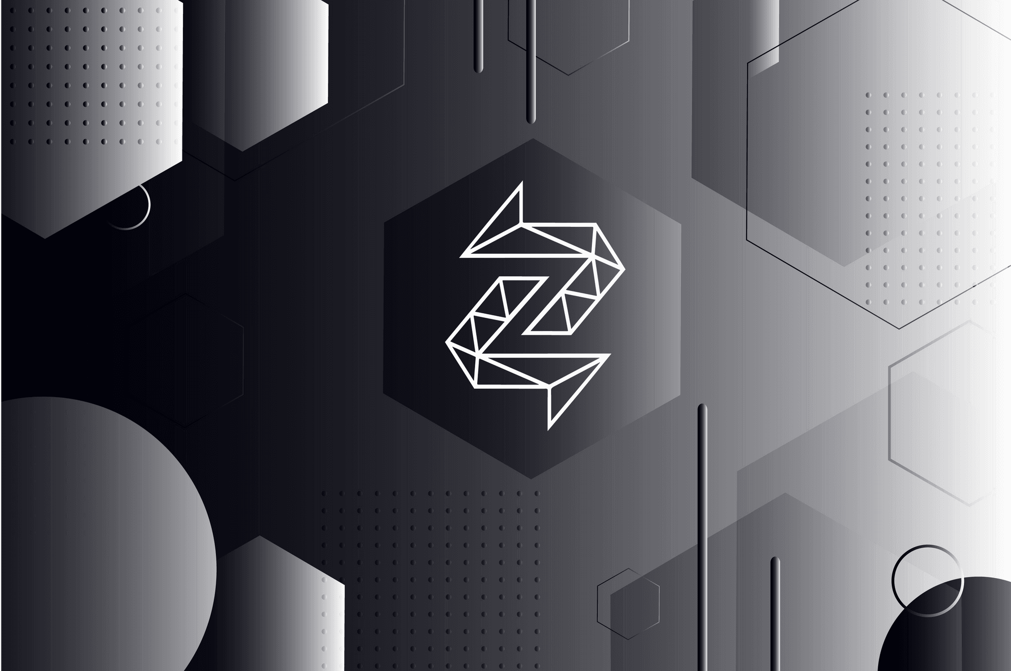 The white Zentachain Z mark centred in a monochrome pattern of overlapping hexagons and dot grids.