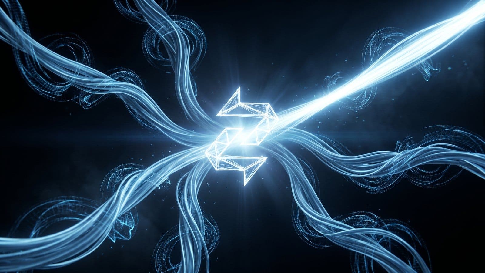 Flowing light streams passing through the Zentachain glyph, representing encrypted voice and video traffic beyond SRTP.