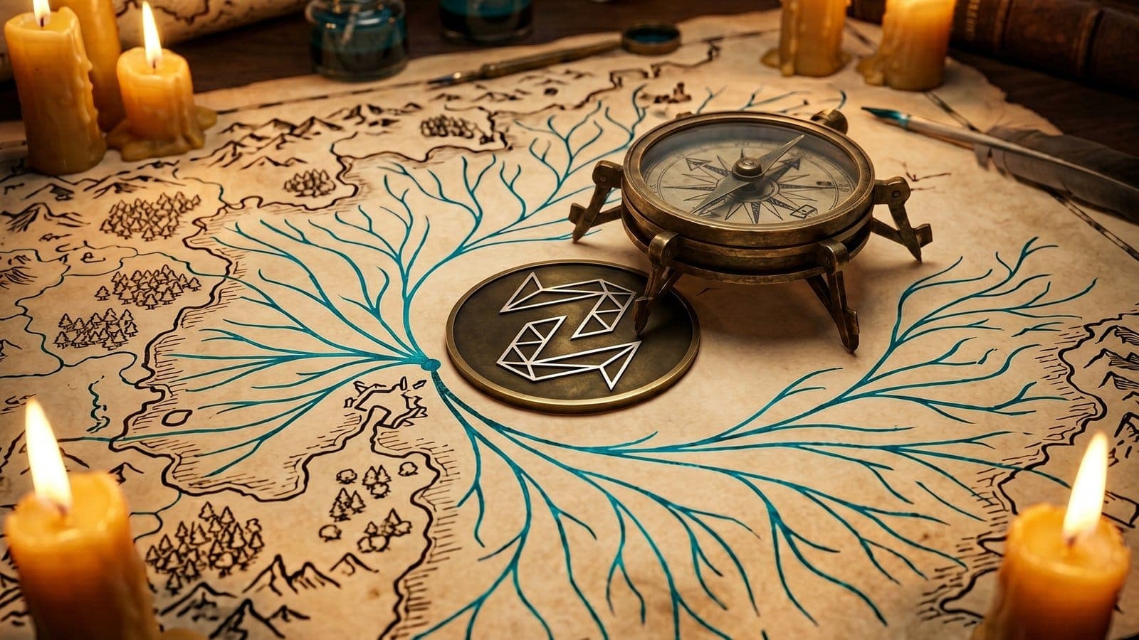 A candlelit cartographer's desk, cyan ink routes radiating across an old map, brass compass and Zentachain seal beside them — the message is hidden but the routes are not.