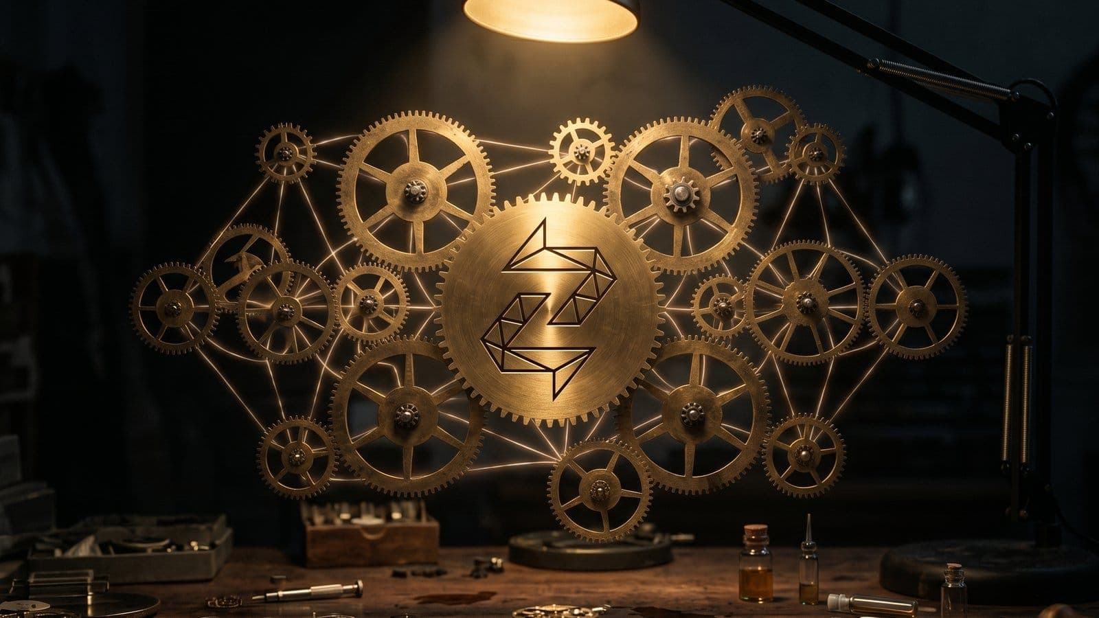 A watchmaker's bench in a dark workshop, a network of interlocking brass gears held together by the Zentachain logo at its centre — post-quantum migration as precise clockwork.