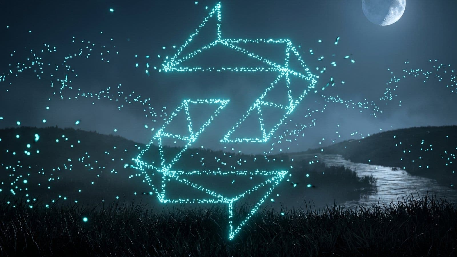 Thousands of cyan points of light synchronise in a dark meadow to form the Zentachain logo, each point a node in a Kyber lattice — post-quantum crypto made visible.
