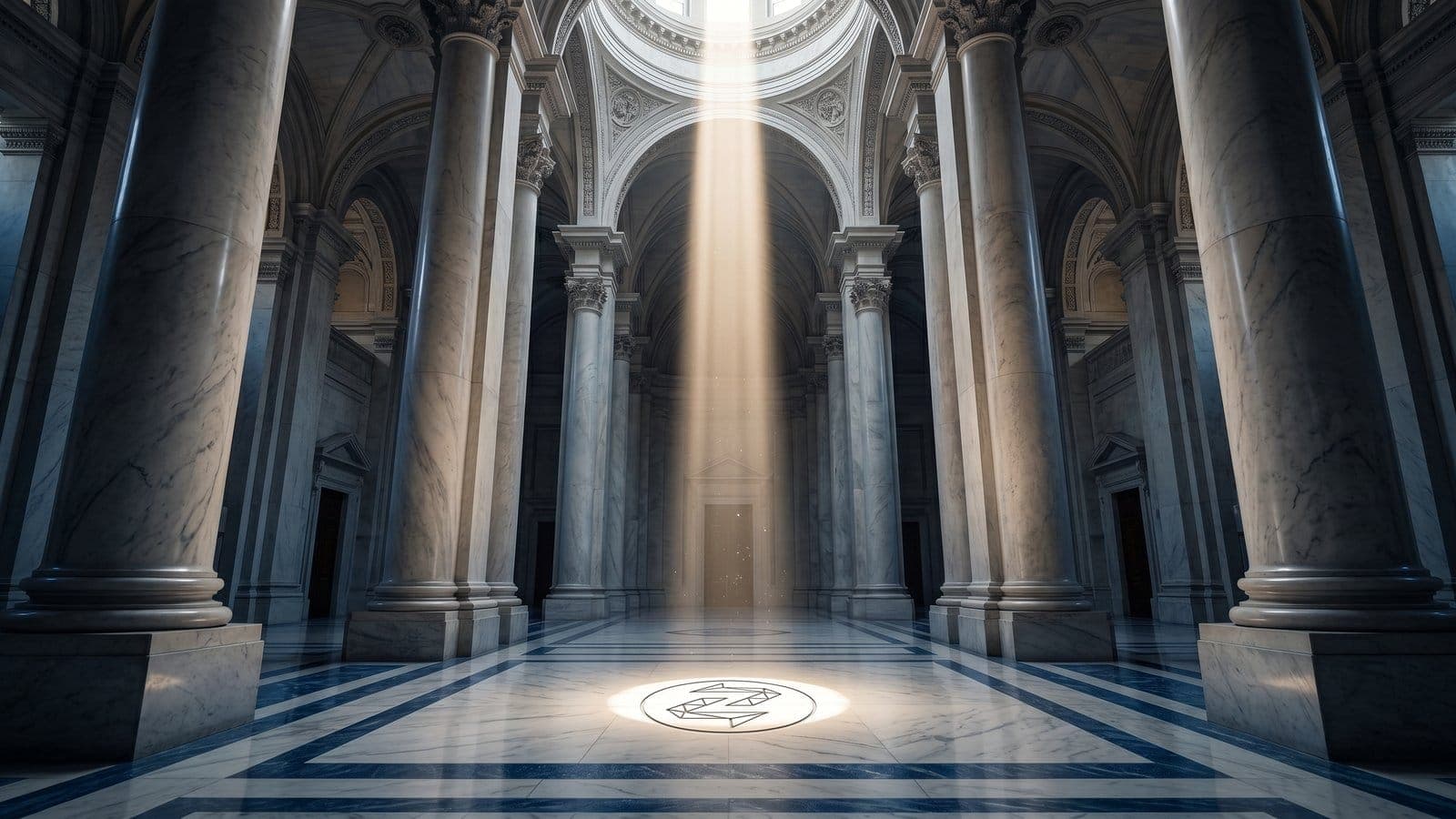 Classical marble rotunda with the Zentachain seal, symbolising privacy as a human right.