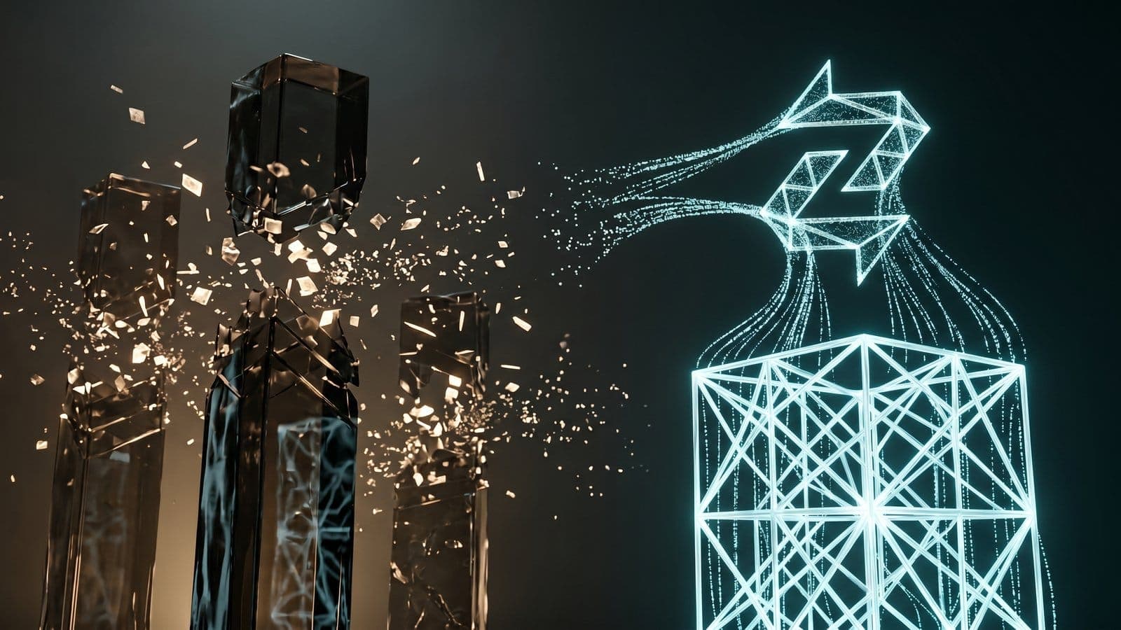 A luminous wireframe tower of interlocking cyan edges radiates outward from the Zentachain logo, symbolising one encrypted sender key fanning out to an entire group.