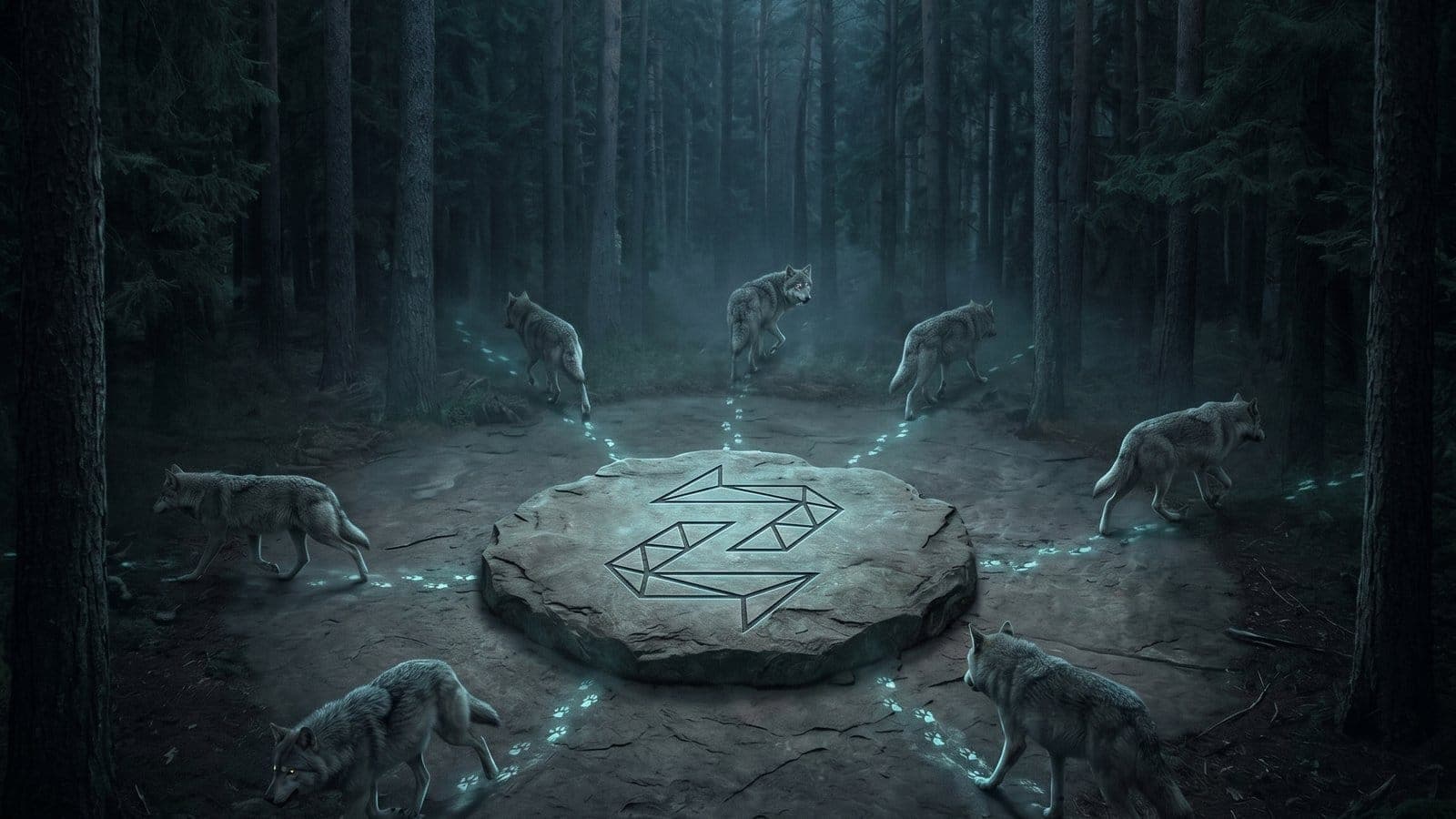 A wolf pack closes in from every direction on a central stone marker bearing the Zentachain logo in a dark pine forest — every attack vector modelled, the centre holds.
