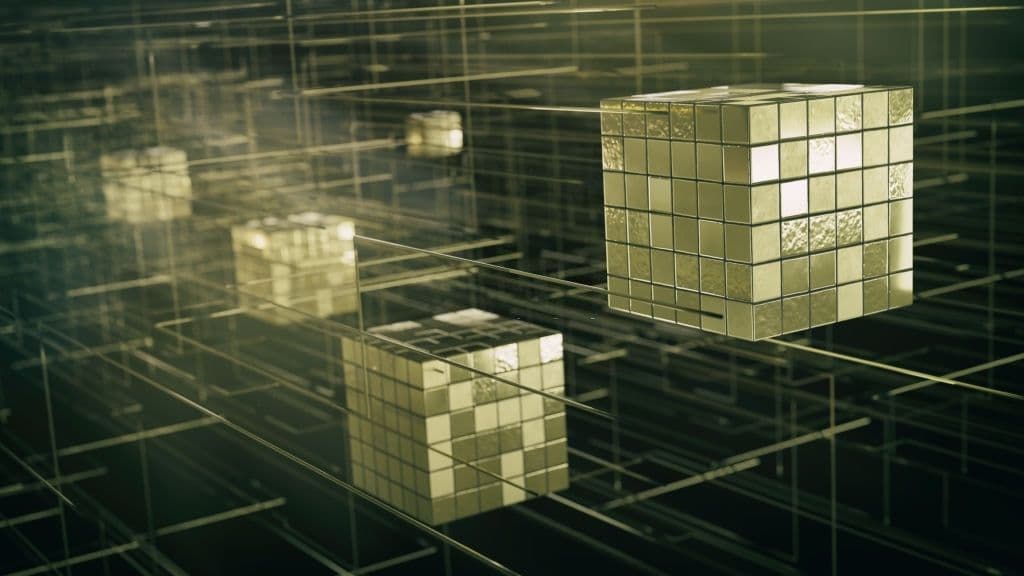 Gold tiled cubes drifting along thin glowing wires through a dark three-dimensional grid.
