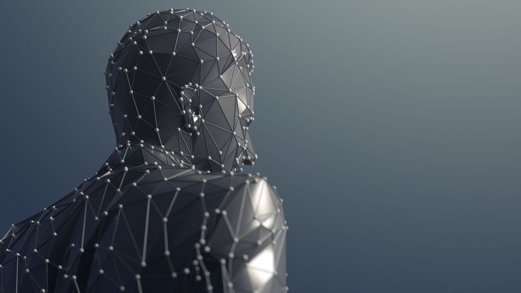 A low-poly human head and torso built from triangles, with white nodes marking every vertex.