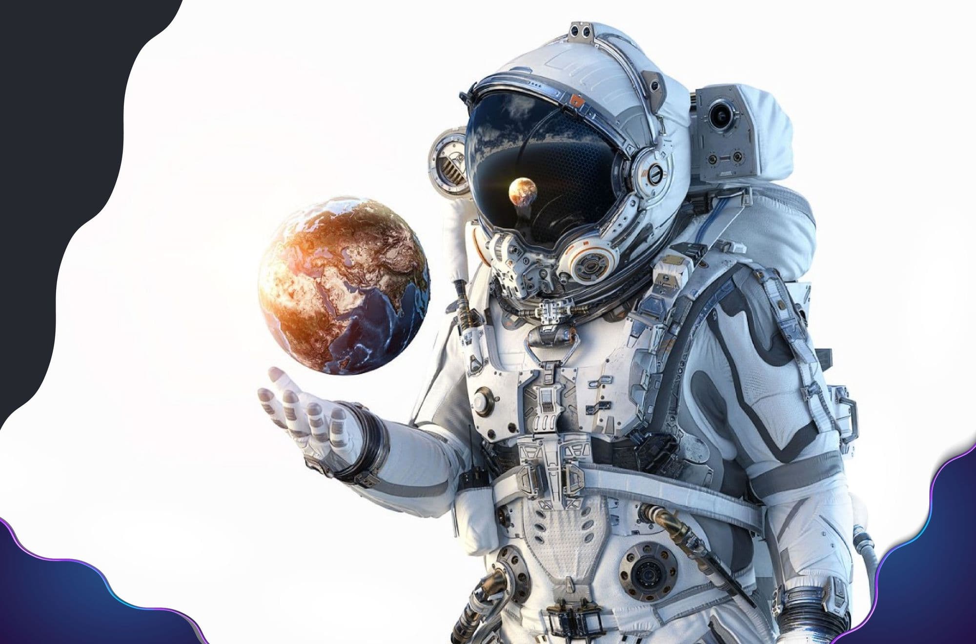 An astronaut in a white suit balances a small Earth on an open palm against a white backdrop.