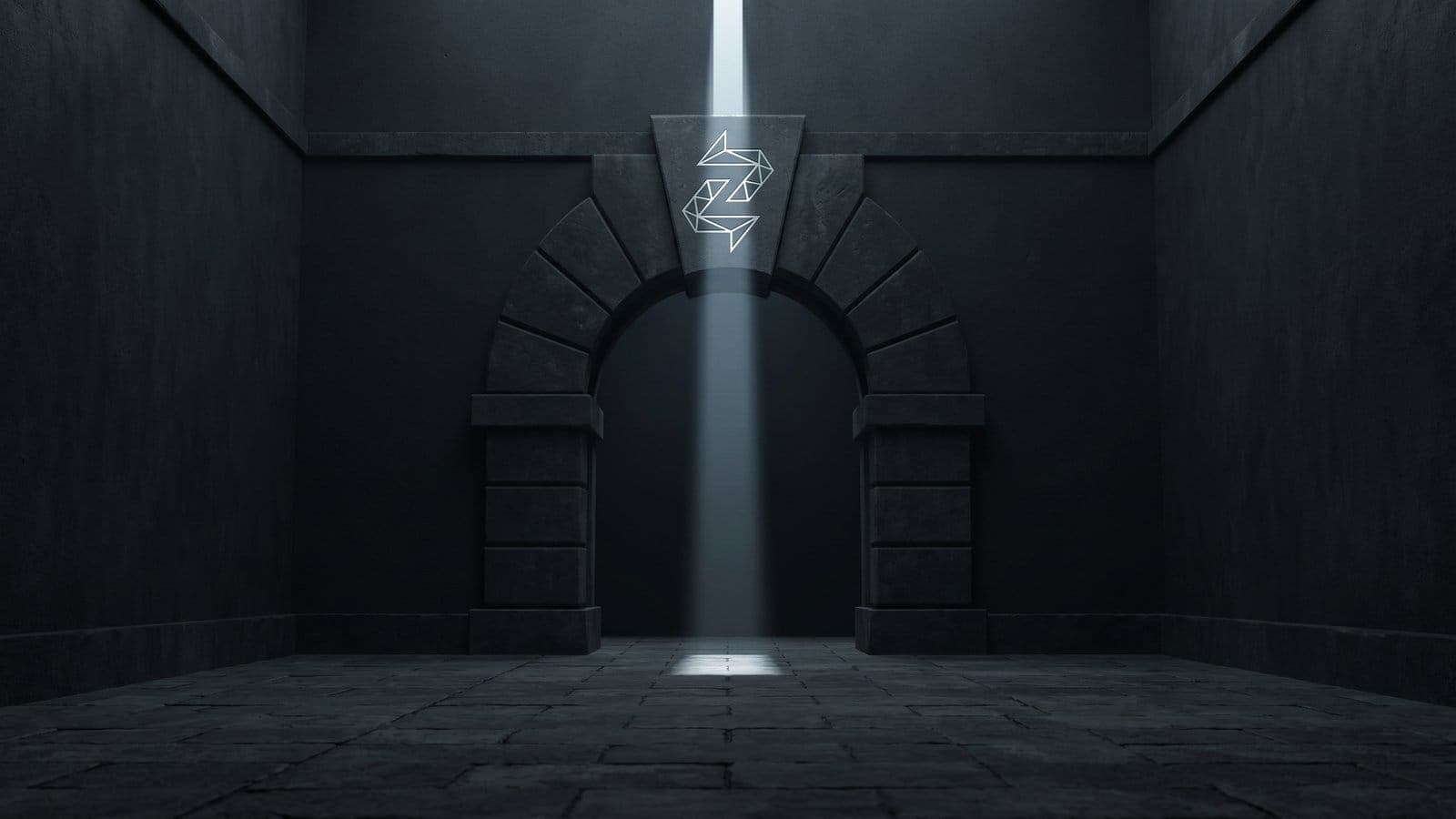 The Zentachain logo sits inside a glowing cyan ring on a dark metallic cylinder in a symmetrical high-tech chamber — a one-time unlinkable destination, sealed on arrival.