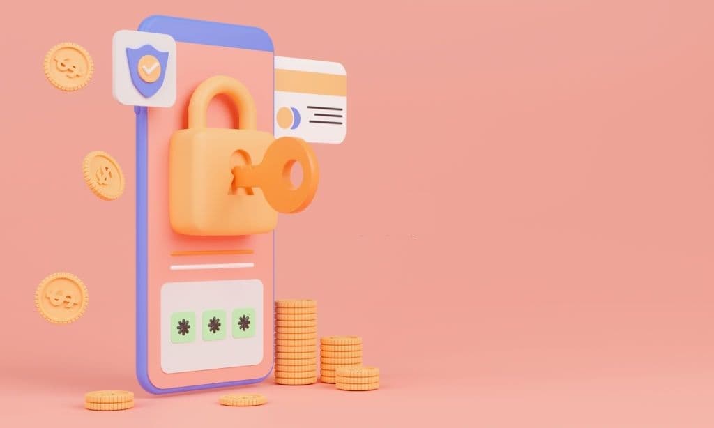Cartoon 3D phone with an oversized padlock and key, a shield, a masked PIN field and gold coins.