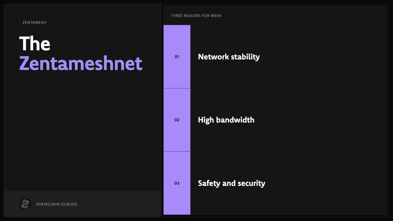 The Zentameshnet — diagram: Three reasons for mesh, Network stability, High bandwidth, Safety and security.